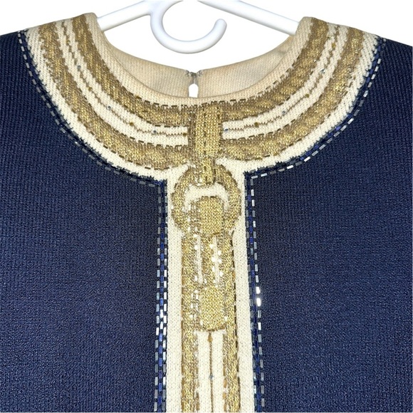 St John Evening Blue And Metallic Gold Embroidered Knit Sweater - Picture 3 of 16
